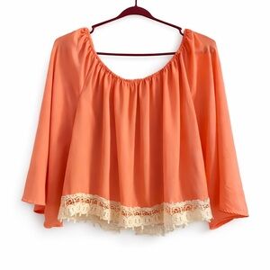 GB Coral Off Shoulder Cropped Blouse w/ Crochet Lace Hem Size L